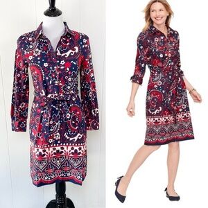 NWT Talbots Paisley Poplin Shirt Dress Size 2P Red Blue Old Money Cotton Belted